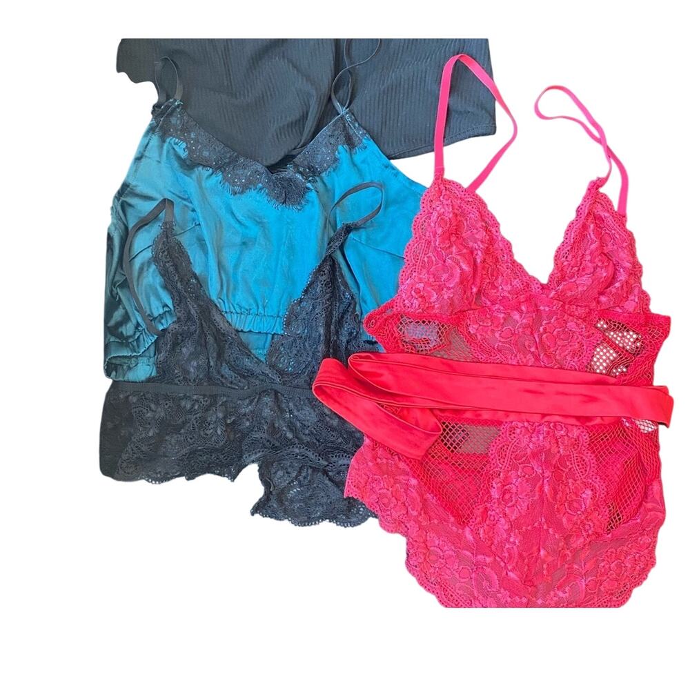 Romantic Intimates Set | 3 Lounge Tops + Red Lingerie Bodysuit Lace and Satin